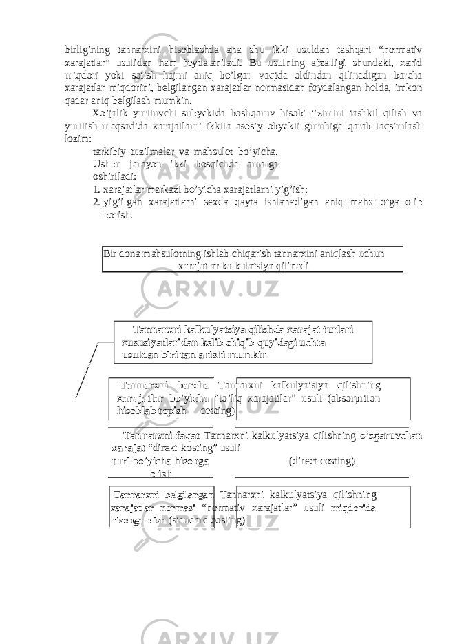 birligining tannarxini hisoblashda ana shu ikki usuldan tashqari “normativ xarajatlar” usulidan ham foydalaniladi. Bu usulning afzalligi shundaki, xarid miqdori yoki sotish hajmi aniq bo’lgan vaqtda oldindan qilinadigan barcha xarajatlar miqdorini, belgilangan xarajatlar normasidan foydalangan holda, imkon qadar aniq belgilash mumkin. Xo’jalik yurituvchi subyektda boshqaruv hisobi tizimini tashkil qilish va yuritish maqsadida xarajatlarni ikkita asosiy obyekti guruhiga qarab taqsimlash lozim: tarkibiy tuzilmalar va mahsulot bo’yicha. Ushbu jarayon ikki bosqichda amalga oshiriladi: 1. xarajatlar markazi bo’yicha xarajatlarni yig’ish; 2. yig’ilgan xarajatlarni sexda qayta ishlanadigan aniq mahsulotga olib borish. Bir dona mahsulotning ishlab chiqarish tannarxini aniqlash uchun xarajatlar kalkulatsiya qilinadi Tannarxni kalkulyatsiya qilishda xarajat turlari xususiyatlaridan kelib chiqib quyidagi uchta usuldan biri tanlanishi mumkin Tannarxni barcha Tannarxni kalkulyatsiya qilishning xarajatlar bo ’ yicha “to’liq xarajattlar” usuli (absorprtion hisoblab topish costing) Tannarxni faqat Tannarxni kalkulyatsiya qilishning o ’ zgaruvchan xarajat “direkt-kosting” usuli turi bo ’ yicha hisobga (direct costing) olish Tannarxni belgilangan Tannarxni kalkulyatsiya qilishning xarajatlar normasi “normativ xarajatlar” usuli miqdorida hisobga olish (standard costing) 