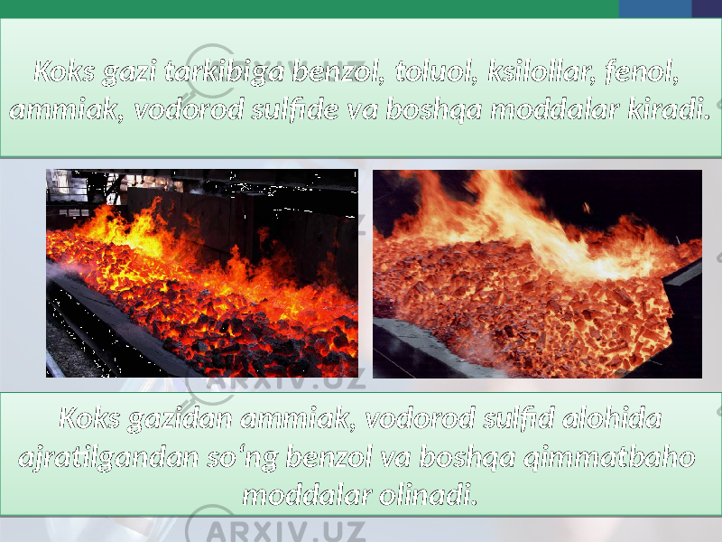 Koks gazi tarkibiga benzol, toluol, ksilollar, fenol, ammiak, vodorod sulfide va boshqa moddalar kiradi. Koks gazidan ammiak, vodorod sulfid alohida ajratilgandan so‘ng benzol va boshqa qimmatbaho moddalar olinadi.1C 0910 1C 0926 10 