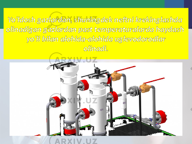 Yo‘ldosh gazlardan, shuningdek neftni krekinglashda olinadigan gazlardan past temperaturalarda haydash yo‘li bilan alohida-alohida uglevodorodlar olinadi. 