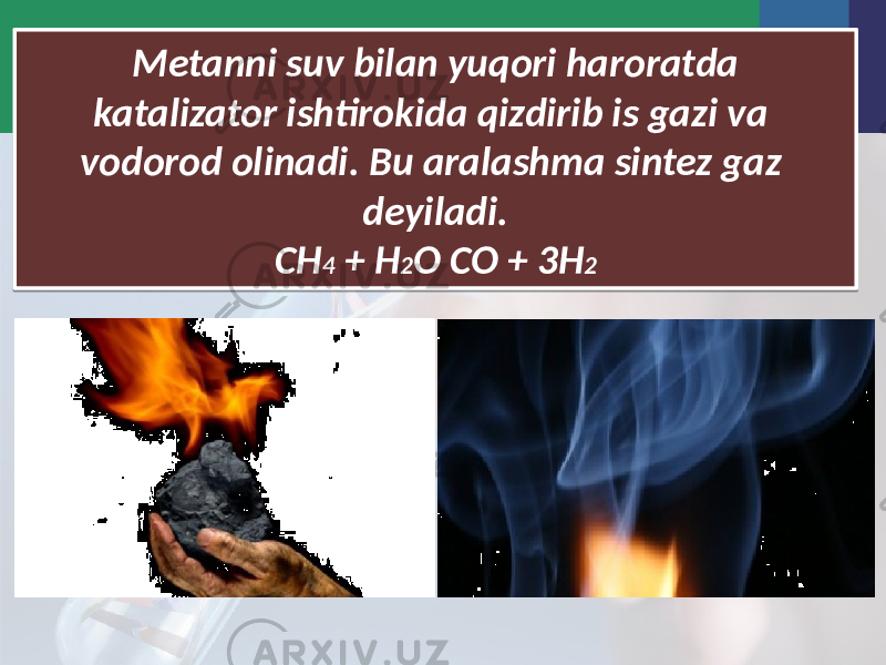 Metanni suv bilan yuqori haroratda katalizator ishtirokida qizdirib is gazi va vodorod olinadi. Bu aralashma sintez gaz deyiladi. CH 4 + H 2 O CO + 3H 22F04 16 05 0704 3132 33 0C34 35 23 35 