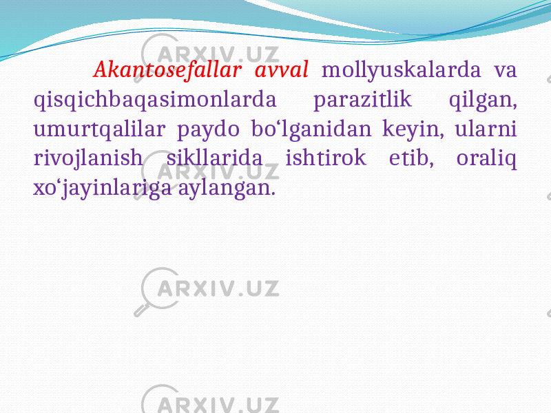  Akantosefallar avval mollyuskalarda va qisqichbaqasimonlarda parazitlik qilgan, umurtqalilar paydo bo‘lganidan keyin, ularni rivojlanish sikllarida ishtirok etib, oraliq xo‘jayinlariga aylangan. 