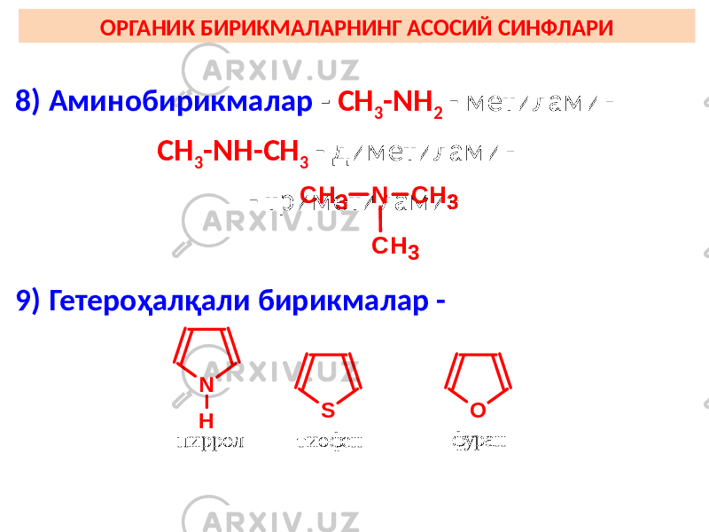 ОРГАНИК БИРИКМАЛАРНИНГ АСОСИЙ СИНФЛАРИ 8) Аминобирикмалар - СН 3 -NН 2 - метиламин СН 3 -NН-СН 3 - диметиламин - триметиламин 9) Гетероҳалқали бирикмалар - C H 3 N C H 3 C H 3 N H S O п и р р о л ти о ф ен ф ур ан 