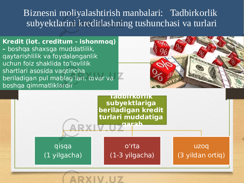 Biznesni moliyalashtirish manbalari: Tadbirkorlik subyektlarini kreditlashning tushunchasi va turlari 13Kredit (lot. creditum - ishonmoq) – boshqa shaxsga muddatlilik, qaytarishlilik va foydalanganlik uchun foiz shaklida toʻlovlilik shartlari asosida vaqtincha beriladigan pul mablagʻlari, tovar va boshqa qimmatliklardir Tadbirkorlik subyektlariga beriladigan kredit turlari muddatiga qarab qisqa (1 yilgacha) oʻrta (1-3 yilgacha) uzoq (3 yildan ortiq) 