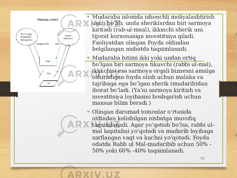 • Mudaraba islomda ishonchli moliyalashtirish usuli boʻlib, unda sheriklardan biri sarmoya kiritadi (rab-ul-maal), ikkinchi sherik uni tijorat korxonasiga investitsiya qiladi. Faoliyatdan olingan Foyda oldindan belgilangan nisbatda taqsimlanadi. • Mudaraba bitimi ikki yoki undan ortiq boʻlgan biri sarmoya tikuvchi (rabbi ul-mal), ikkkchisi esa sarmoya orqali biznesni amalga oshiradigan foyda olish uchun malaka va tajribaga ega boʻlgan sherik (mudarib)dan iborat boʻladi. (Yaʼni sarmoya kiritish va investitsiya loyihasini boshqarish uchun maxsus bilim beradi.) • Olingan daromad tomonlar oʻrtasida oldindan kelishilgan nisbatga muvofiq taqsimlanadi. Agar yoʻqotish boʻlsa, rabbi ul- mal kapitalini yoʻqotadi va mudarib loyihaga sarflangan vaqt va kuchni yoʻqotadi. Foyda odatda Rabb ul Mal-mudaribib uchun 50% - 50% yoki 60% -40% taqsimlanadi. 20 