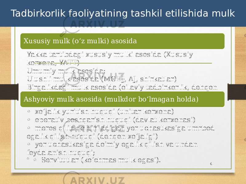 4Tadbirkorlik faoliyatining tashkil etilishida mulk Xususiy mulk (oʻz mulki) asosida Yakka tartibdagi xususiy mulki asosida (Xususiy korxona, YATT) Umumiy mulk asosida: Ulushli mulk asosida (MCHJ, AJ, shirkatlar) Birgalikdagi mulk asosida (oilaviy tadbirkorlik, dehqon • xoʻjaligi) Ashyoviy mulk asosida (mulkdor boʻlmagan holda) • xoʻjalik yuritish huquqi (unitar korxona) • operativ boshqarish huquqi (davlat korxonasi) • meros qilib qoldiriladigan yer uchastkasiga umrbod egalik qilish huquqi (dehqon xoʻjaligi) • yer uchastkasiga doimiy egalik qilish va undan foydalanish huquqi; • • Servitutlar (koʻchmas mulk egasi). 