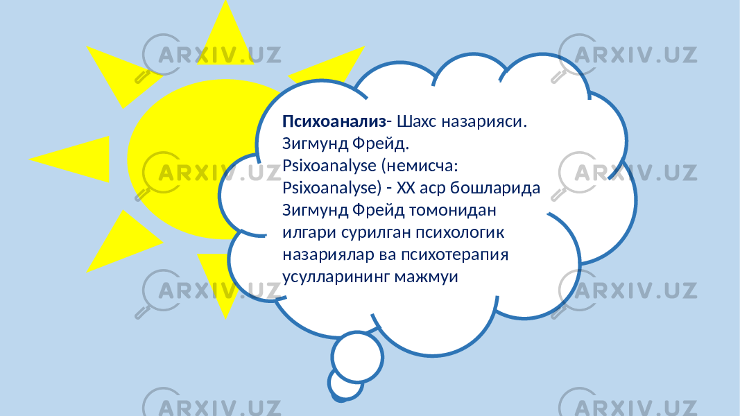 Психоанализ - Шахс назарияси. Зигмунд Фрейд. Psixoanalyse (немисча: Psixoanalyse) - ХХ аср бошларида Зигмунд Фрейд томонидан илгари сурилган психологик назариялар ва психотерапия усулларининг мажмуи 