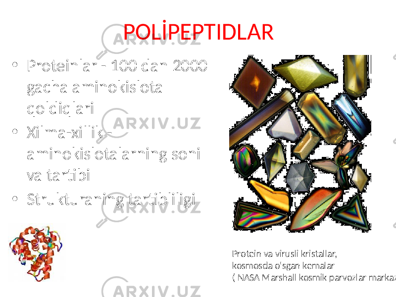 POLİPEPTIDLAR • Proteinlar - 100 dan 2000 gacha aminokislota qoldiqlari • Xilma-xillik - aminokislotalarning soni va tartibi • Strukturaning tartibliligi Protein va virusli kristallar, kosmosda o&#39;sgan kemalar ( NASA Marshall kosmik parvozlar markazi ) 