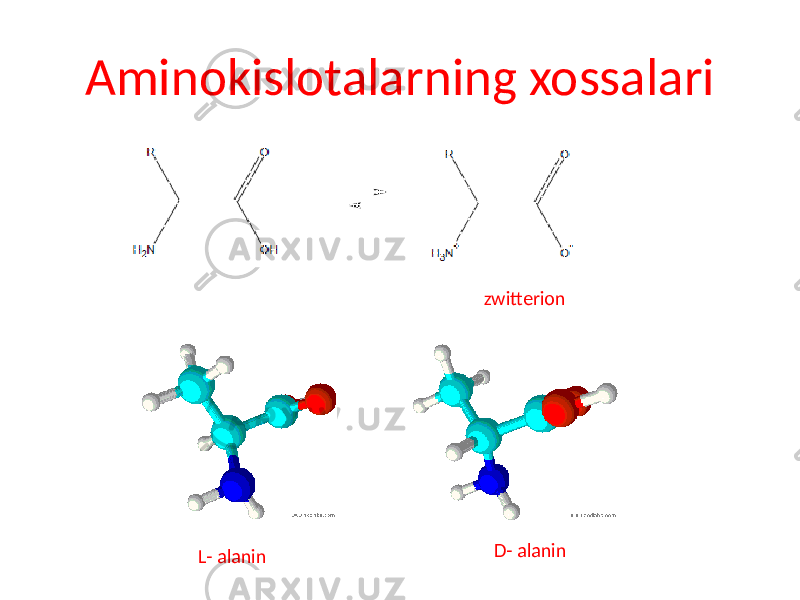 Aminokislotalarning xossalari zwitterion L- alanin D- alanin 