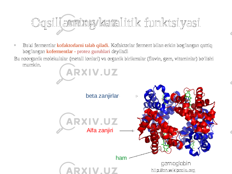 Oqsillarning katalitik funktsiyasi • Ba&#39;zi fermentlar kofaktorlarni talab qiladi. Kofaktorlar ferment bilan erkin bog&#39;langan qattiq bog&#39;langan kofermentlar - protez guruhlari deyiladi Bu noorganik molekulalar (metall ionlari) va organik birikmalar (flavin, gem, vitaminlar) bo&#39;lishi mumkin. http://en.wikipedia.org Alfa zanjiribeta zanjirlar ham gemoglobin 