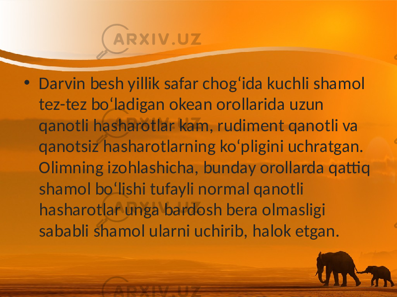 • Darvin besh yillik safar chog‘ida kuchli shamol tez-tez bo‘ladigan okean orollarida uzun qanotli hasharotlar kam, rudiment qanotli va qanotsiz hasharotlarning ko‘pligini uchratgan. Olimning izohlashicha, bunday orollarda qattiq shamol bo‘lishi tufayli normal qanotli hasharotlar unga bardosh bera olmasligi sababli shamol ularni uchirib, halok etgan. 