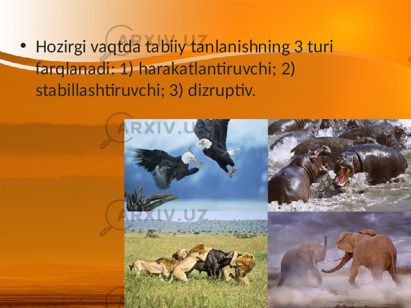 • Hozirgi vaqtda tabiiy tanlanishning 3 turi farqlanadi: 1) harakatlantiruvchi; 2) stabillashtiruvchi; 3) dizruptiv. 