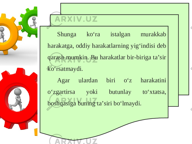 Shunga ko‘ra istalgan murakkab harakatga, oddiy harakatlarning yig‘indisi deb qarash mumkin. Bu harakatlar bir-biriga ta’sir ko‘rsatmaydi. Agar ulardan biri o‘z harakatini o‘zgartirsa yoki butunlay to‘xtatsa, boshqasiga buning ta’siri bo‘lmaydi. 