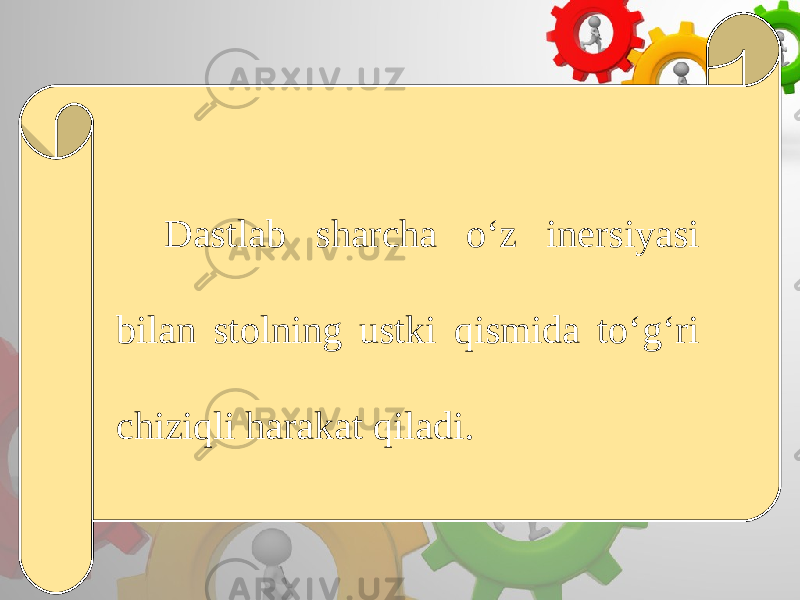 Dastlab sharcha o‘z inersiyasi bilan stolning ustki qismida to‘g‘ri chiziqli harakat qiladi. 