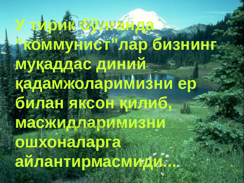 У тирик бўлганда “коммунист”лар бизнинг муқаддас диний қадамжоларимизни ер билан яксон қилиб, масжидларимизни ошхоналарга айлантирмасмиди... 