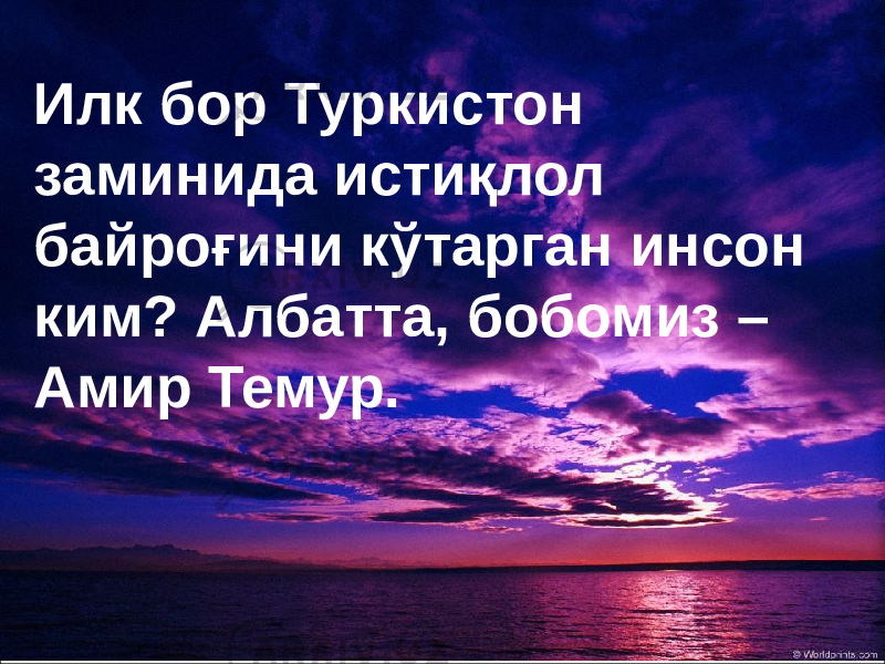 Илк бор Туркистон заминида истиқлол байроғини кўтарган инсон ким? Албатта, бобомиз – Амир Темур. 