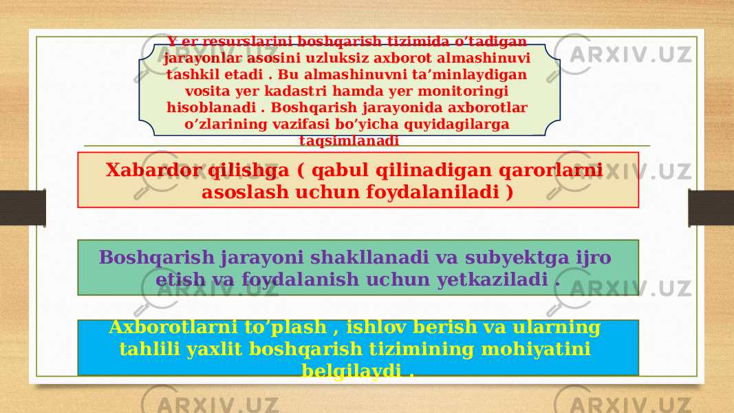 Xabardor qilishga ( qabul qilinadigan qarorlarni asoslash uchun foydalaniladi ) Boshqarish jarayoni shakllanadi va subyektga ijro etish va foydalanish uchun yetkaziladi . Axborotlarni to’plash , ishlov berish va ularning tahlili yaxlit boshqarish tizimining mohiyatini belgilaydi .Y er resurslarini boshqarish tizimida o’tadigan jarayonlar asosini uzluksiz axborot almashinuvi tashkil etadi . Bu almashinuvni ta’minlaydigan vosita yer kadastri hamda yer monitoringi hisoblanadi . Boshqarish jarayonida axborotlar o’zlarining vazifasi bo’yicha quyidagilarga taqsimlanadi 