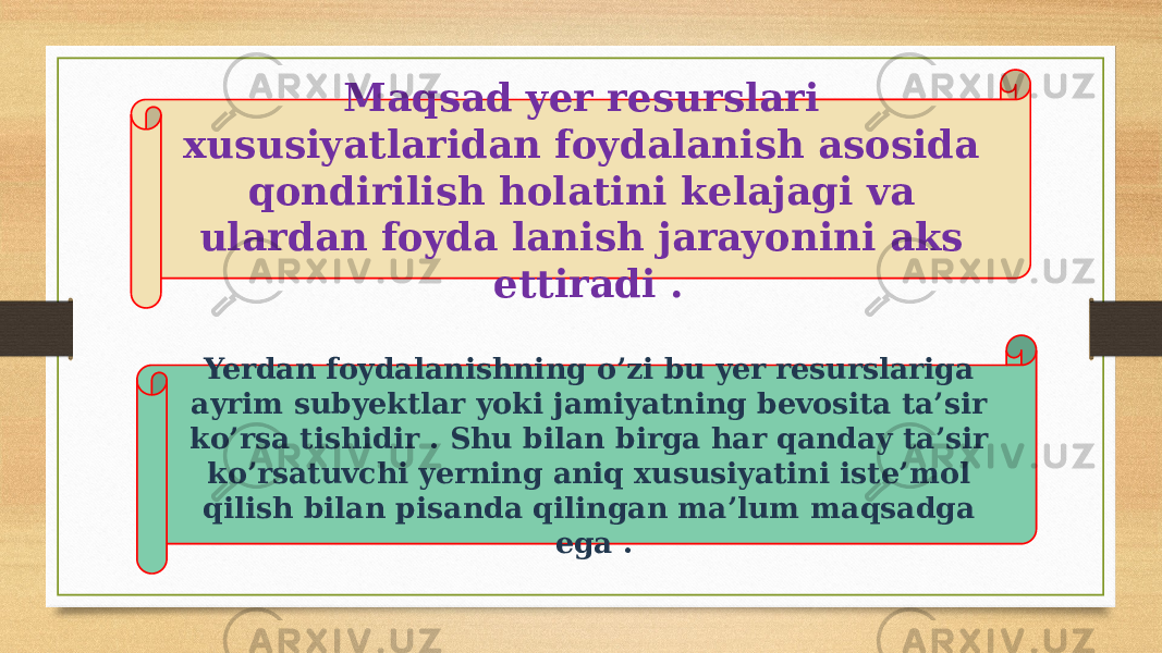 Maqsad yer resurslari xususiyatlaridan foydalanish asosida qondirilish holatini kelajagi va ulardan foyda lanish jarayonini aks ettiradi . Yerdan foydalanishning o’zi bu yer resurslariga ayrim subyektlar yoki jamiyatning bevosita ta’sir ko’rsa tishidir . Shu bilan birga har qanday ta’sir ko’rsatuvchi yerning aniq xususiyatini iste’mol qilish bilan pisanda qilingan ma’lum maqsadga ega . 