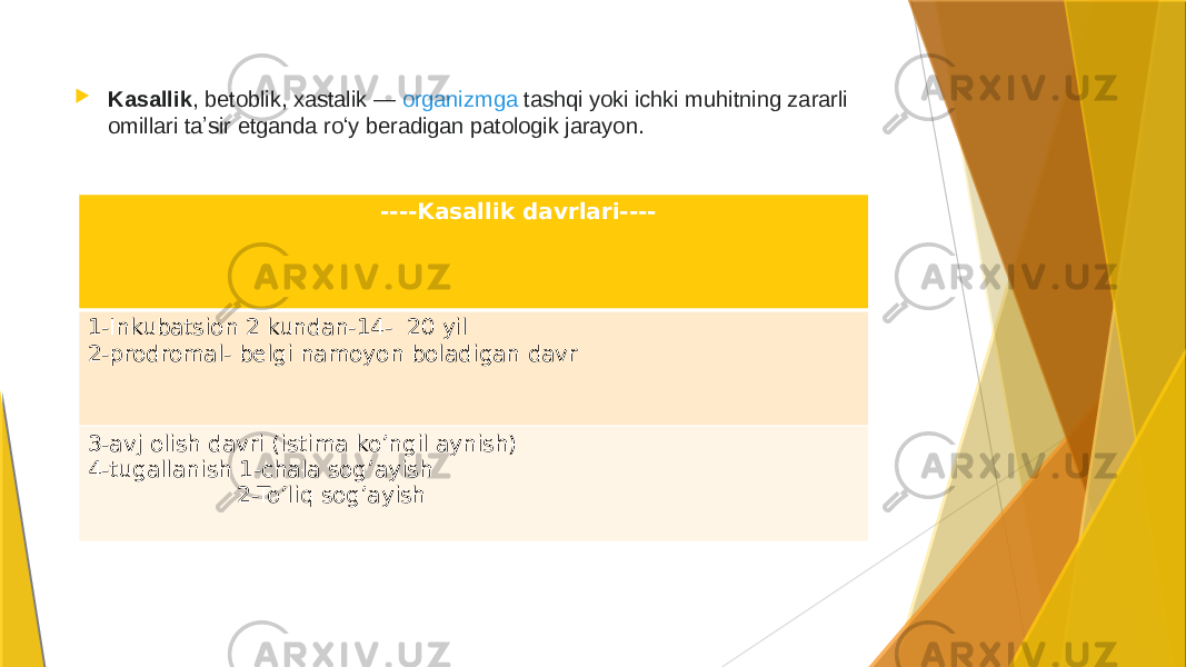  Kasallik , betoblik, xastalik —  organizmga  tashqi yoki ichki muhitning zararli omillari taʼsir etganda roʻy beradigan patologik jarayon. ----Kasallik davrlari---- 1-Inkubatsion 2 kundan-14- 20 yil 2-prodromal- belgi namoyon boladigan davr 3-avj olish davri (istima ko’ngil aynish) 4-tugallanish 1-chala sog’ayish 2-To’liq sog’ayish 