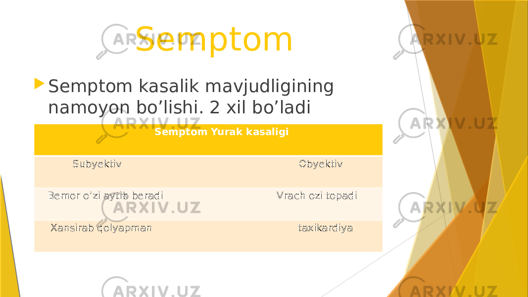 Semptom  Semptom kasalik mavjudligining namoyon bo’lishi. 2 xil bo’ladi Semptom Yurak kasaligi Subyektiv Obyektiv Bemor o’zi aytib beradi Vrach ozi topadi Xansirab qolyapman taxikardiya 