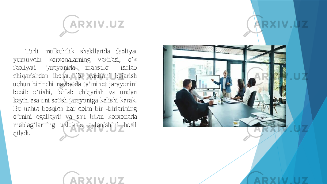 Turli mulkchilik shakllarida faoliyat yurituvchi korxonalarning vazifasi, o‘z faoliyati jarayonida mahsulot ishlab chiqarishdan iborat. Bu vazifani bajarish uchun birinchi navbatda ta’minot jarayonini bosib o‘tishi, ishlab chiqarish va undan keyin esa uni sotish jarayoniga kelishi kerak. Bu uchta bosqich har doim bir -birlarining o‘rnini egallaydi va shu bilan korxonada mablag‘larning uzluksiz aylanishini hosil qiladi. 