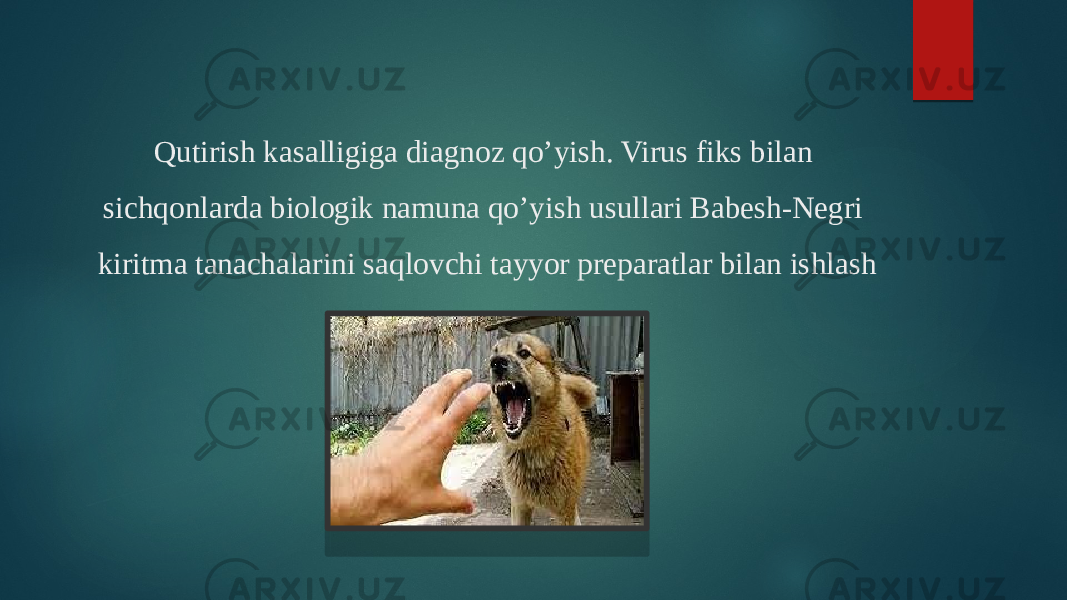 Qutirish kasalligiga diagnoz qo’yish. Virus fiks bilan sichqonlarda biologik namuna qo’yish usullari Babesh-Negri kiritma tanachalarini saqlovchi tayyor preparatlar bilan ishlash 