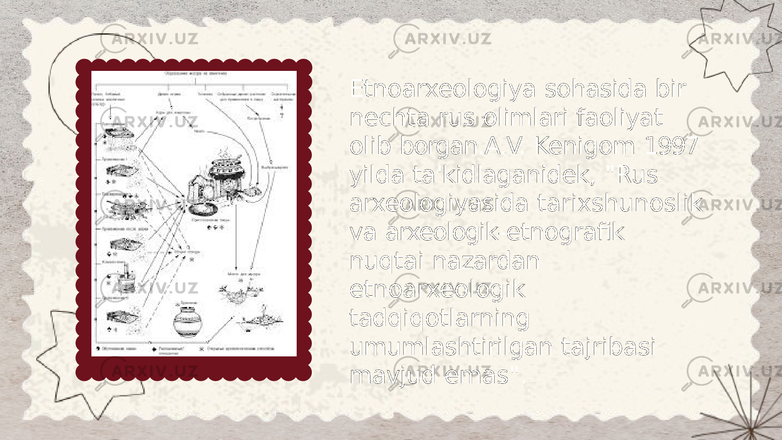 Etnoarxeologiya sohasida bir nechta rus olimlari faoliyat olib borgan.A.V. Kenigom 1997 yilda ta&#39;kidlaganidek, &#34;Rus arxeologiyasida tarixshunoslik va arxeologik- etnografik nuqtai nazardan etnoarxeologik tadqiqotlarning umumlashtirilgan tajribasi mavjud emas&#34;. 