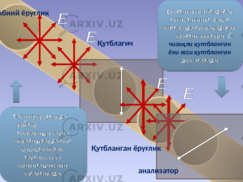 Табиий ёруғликда вектор тебраниши барча йўналишларда тенг ҳуқуқли бўлиб, тартибсиз ўз ориентациясини ўзгартиради. Ёруғлик нури ўтадиган текисликнинг фақат биттасида тебранадиган ёруғлик вектори чизиқли қутбланган ёки ясси қутбланган деб аталади . Қутблагич анализатор Табиий ёруғлик Қутбланган ёруғликЕ  Е  Е  Е  Е  Е  29 0E 0C 1C 22 0C0F 1B 23 01 0C 1A 1F 01 0D 10 150A 