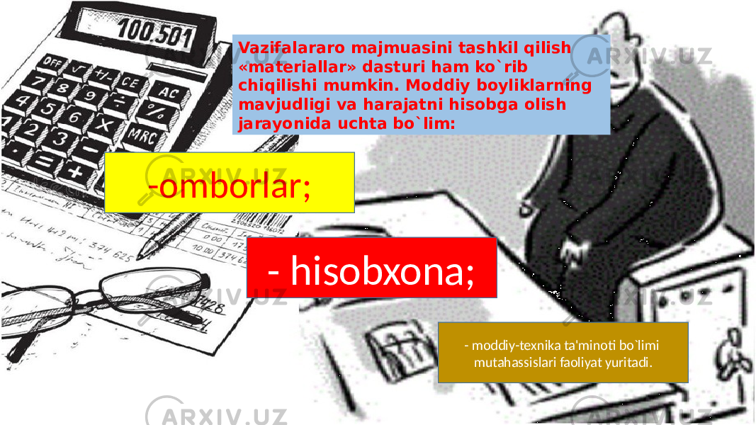 Vazifalararo majmuasini tashkil qilish «matеriallar» dasturi ham ko`rib chiqilishi mumkin. Moddiy boyliklarning mavjudligi va harajatni hisobga olish jarayonida uchta bo`lim: -omborlar; - hisobxona; - moddiy-tеxnika ta&#39;minoti bo`limi mutahassislari faoliyat yuritadi. 