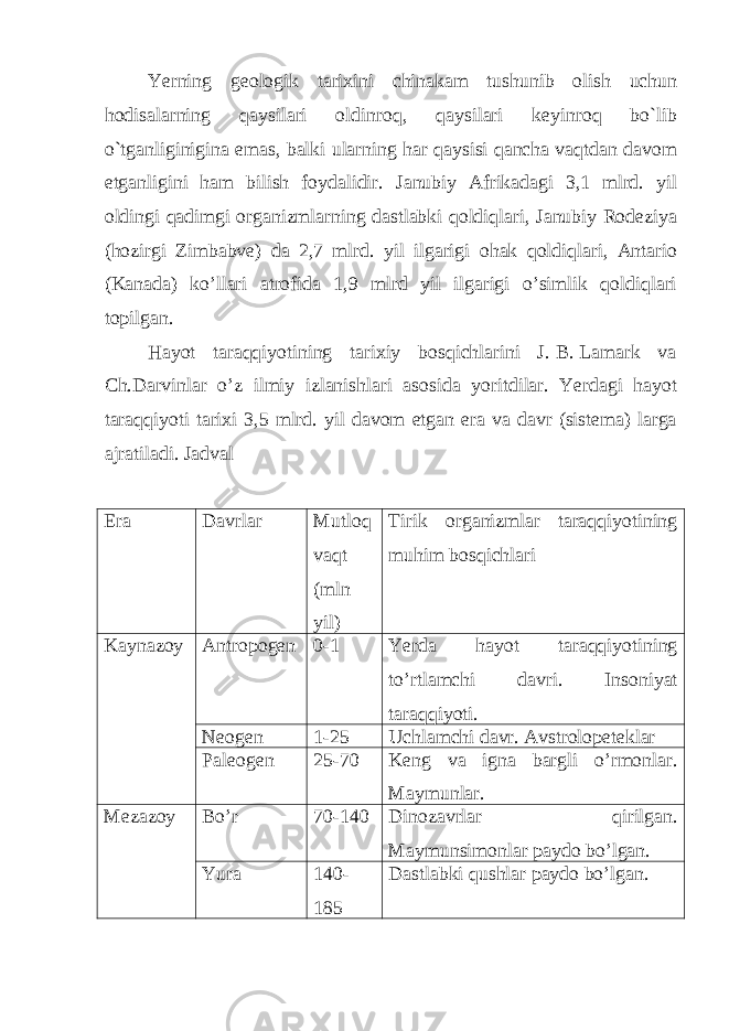 Yerning geologik tarixini chinakam tushunib olish uchun hodisalarning qaysilari oldinroq, qaysilari keyinroq bo`lib o`tganliginigina emas, balki ularning har qaysisi qancha vaqtdan davom etganligini ham bilish foydalidir. Janubiy Afrikadagi 3,1 mlrd. yil oldingi qadimgi organizmlarning dastlabki qoldiqlari, Janubiy Rodeziya (hozirgi Zimbabve) da 2,7 mlrd. yil ilgarigi ohak qoldiqlari, Antario (Kanada) ko’llari atrofida 1,9 mlrd yil ilgarigi o’simlik qoldiqlari topilgan. Hayot taraqqiyotining tarixiy bosqichlarini J. B. Lamark va Ch.Darvinlar o’z ilmiy izlanishlari asosida yoritdilar. Yerdagi hayot taraqqiyoti tarixi 3,5 mlrd. yil davom etgan era va davr (sistema) larga ajratiladi. Jadval Era Davrlar Mutloq vaqt (mln yil) Tirik organizmlar taraqqiyotining muhim bosqichlari Kaynazoy Antropogen 0-1 Yerda hayot taraqqiyotining to’rtlamchi davri. Insoniyat taraqqiyoti. Neogen 1-25 Uchlamchi davr. Avstrolopeteklar Paleogen 25-70 Keng va igna bargli o’rmonlar. Maymunlar. Mezazoy Bo’r 70-140 Dinozavrlar qirilgan. Maymunsimonlar paydo bo’lgan. Yura 140- 185 Dastlabki qushlar paydo bo’lgan. 