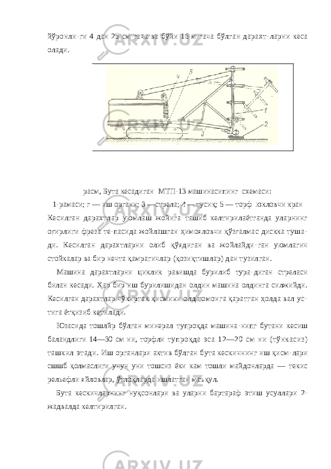 йўронли- ги 4 дан 25 см гача ва бўйи 16 м гача бўлган дарахт- ларни кеса олади. расм, Бута кесадиган МТП-13 машинасипинг схемаси: 1- р а мас и ; г — и ш органи; 3 —стрела; 4 — т у сиқ; 5 — торф юк л овчи кран Кесилган дарахтлар уюмлаш жойига ташиб келтирилаётганда уларнинг оғирлиги фреза те-пасида жойлашган ҳимояловчи қўзғалмас дискка туша- ди. Кесилган дарахтларни олиб қўядиган ва жойлайди- ган уюмлагич стойкалар ва бир нечта қамрагичлар (қозиқтишлар) дан тузилган. Машина дарахтларни циклик равишда бурилиб тура- диган стреласи билан кесади. Ҳар бир иш бурилишидан олдин машина олдинга силжийди. Кесилган дарахтлар чўкиртак қисмини олд томонга қаратган ҳолда вал ус- тига ётқизиб кетилади. Юзасида тошлйр бўлган минерал тупроқда машина- нипг бутани кесиш баландлиги 14—30 см ни, торфли тупроқда эса 12—20 см ни (тўнкасиз) ташкил этади. Иш органлари актив бўлган бута кескичнинг иш қисм- лари сшшб қолмаслиги учун уни тошсиз ёки кам тошли майдонларда — текис рельефли яйловлар, ўтлоқларда ишлатган маъқул. Бута кескичларнинг нуқсонлари ва уларни бартараф этиш усуллари 2- жадвалда келтирилган. 