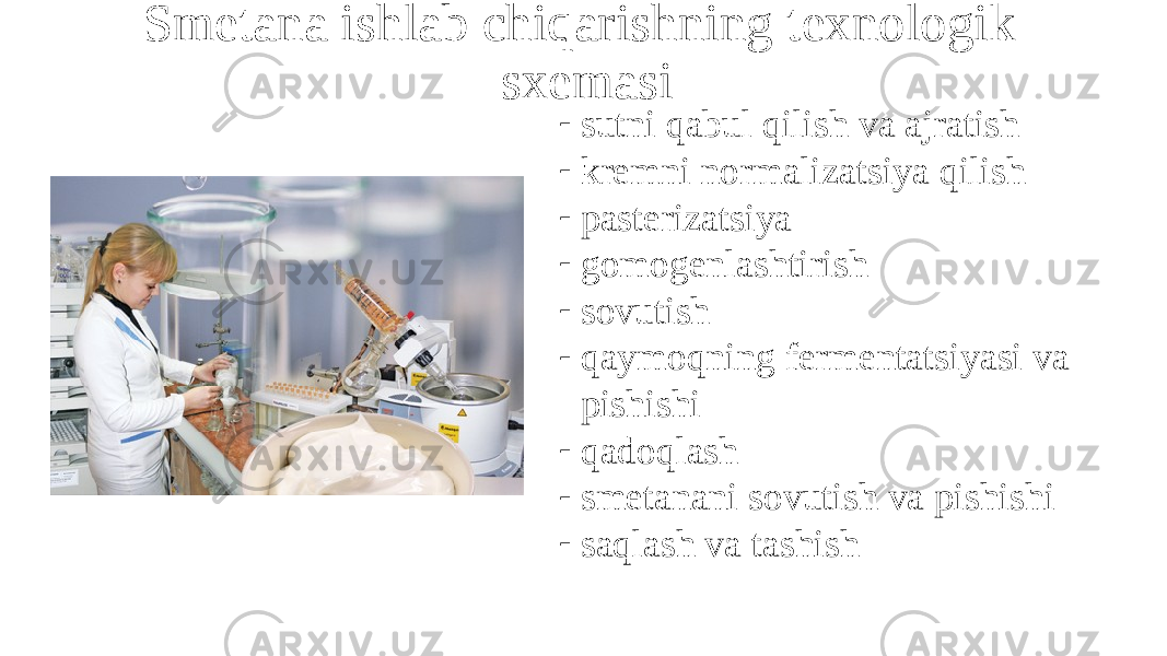 Smetana ishlab chiqarishning texnologik sxemasi - sutni qabul qilish va ajratish - kremni normalizatsiya qilish - pasterizatsiya - gomogenlashtirish - sovutish - qaymoqning fermentatsiyasi va pishishi - qadoqlash - smetanani sovutish va pishishi - saqlash va tashish 