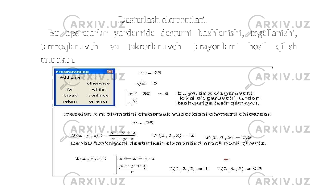 Dasturlash elementlari. Bu operatorlar yordamida dasturni boshlanishi, tugallanishi, tarmoqlanuvchi va takrorlanuvchi jarayonlarni hosil qilish mumkin. 