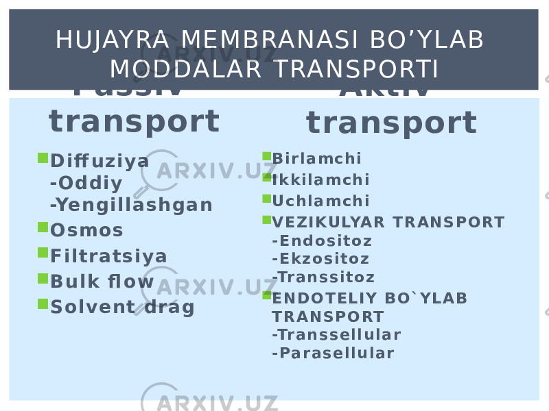 Passiv transport  D i ff u z i y a - O d d i y -Ye n g i l l a s h g a n  O s m o s  F i l t r a t s i y a  B u l k fl o w  S o l v e n t d r a g Aktiv transport  B i r l a m c h i  I k k i l a m c h i  U c h l a m c h i  V E Z I K U LYA R T R A N S P O RT - E n d o s i t o z - E k z o s i t o z -Tr a n s s i t o z  E N D O T E L I Y B O ` Y L A B T R A N S P O RT -Tr a n s s e l l u l a r - P a r a s e l l u l a rH U JAY RA M E M B RA N A S I BO ’ Y L A B M O D DA L A R T RA N S P O RT I 