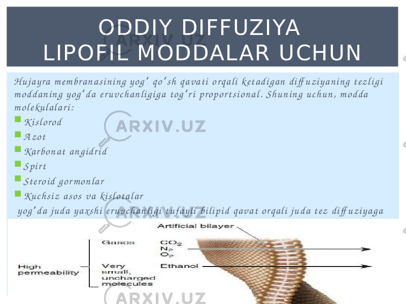 H u j a y r a m e m b r a n a s i n i n g y o g q o s h q a v a t i o r q a l i ke t a d i g a n d i ff u z i y a n i n g t e z l i g i ʻ ʻ m o d d a n i n g y o g d a e r u v c h a n l i g i g a t o g r i p r o p o r t s i o n a l . S h u n i n g u c h u n , m o d d a ʻ ʻ m o l e k u l a l a r i :  K i s l o r o d  A z o t  Ka r b o n a t a n g i d r i d  S p i r t  St e r o i d g o r m o n l a r  Ku c h s i z a s o s v a k i s l o t a l a r y o g d a j u d a y a x s h i e r u v c h a n l i g i t u f a y l i b i l i p i d q a v a t o r q a l i j u d a t e z d i ff u z i y a g a ʻ u c h r a y d i . O DD I Y DI F FUZ I YA L I P O FI L M O D DA L A R U C H U N 