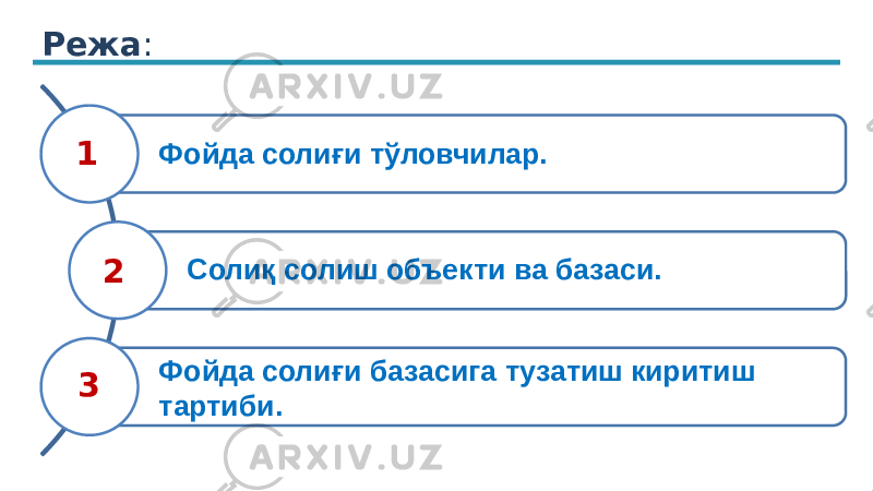 Режа : Фойда солиғи тўловчилар. Солиқ солиш объекти ва базаси. Фойда солиғи базасига тузатиш киритиш тартиби.1 2 3 