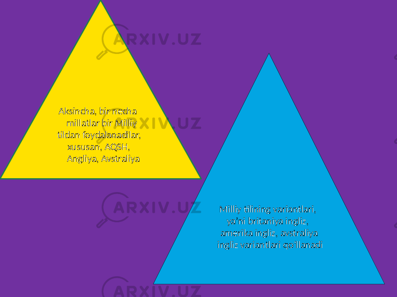  Aksincha, bir necha millatlar bir Milliy tildan foydalanadilar, xususan, AQSH, Angliya, Avstraliya Milliy tilining variantlari, yaʼni britaniya ingliz, amerika ingliz, avstraliya ingliz variantlari qoʻllanadi 