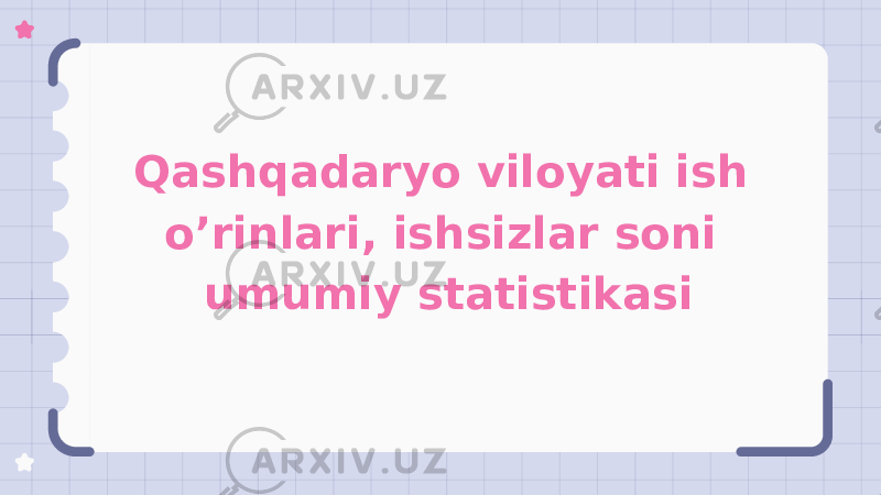 Qashqadaryo viloyati ish o’rinlari, ishsizlar soni umumiy statistikasi 