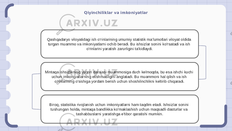 Qiyinchiliklar va imkoniyatlar Qashqadaryo viloyatidagi ish o‘rinlarining umumiy statistik ma’lumotlari viloyat oldida turgan muammo va imkoniyatlarni ochib beradi. Bu ishsizlar sonini ko&#39;rsatadi va ish o&#39;rinlarini yaratish zarurligini ta&#39;kidlaydi. Mintaqa ishsizlikning yuqori darajasi muammosiga duch kelmoqda, bu esa ishchi kuchi uchun imkoniyatlarning etishmasligini anglatadi. Bu muammoni hal qilish va ish o&#39;rinlarining o&#39;sishiga yordam berish uchun shoshilinchlikni keltirib chiqaradi. Biroq, statistika rivojlanish uchun imkoniyatlarni ham taqdim etadi. Ishsizlar sonini tushungan holda, mintaqa bandlikka ko&#39;maklashish uchun maqsadli dasturlar va tashabbuslarni yaratishga e&#39;tibor qaratishi mumkin. 