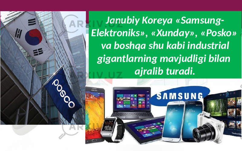 Janubiy Koreya «Samsung- Elektroniks», «Xunday», «Posko» va boshqa shu kabi industrial gigantlarning mavjudligi bilan ajralib turadi. 