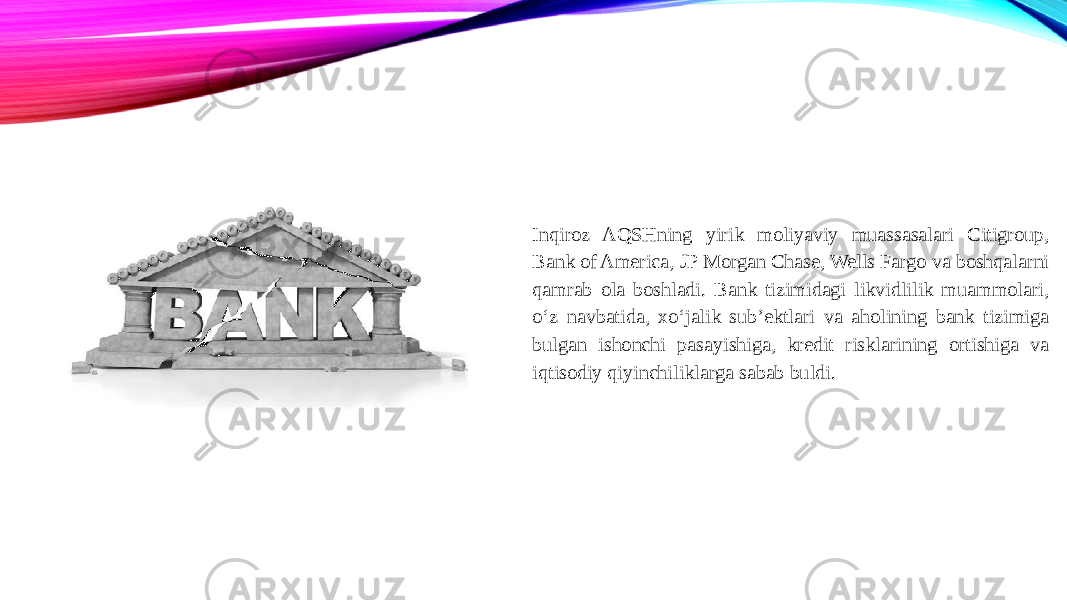 Inqiroz AQSHning yirik moliyaviy muassasalari Citigroup, Bank of America, JP Morgan Chase, Wells Fargo va boshqalarni qamrab ola boshladi. Bank tizimidagi likvidlilik muammolari, o‘z navbatida, xo‘jalik sub’ektlari va aholining bank tizimiga bulgan ishonchi pasayishiga, kredit risklarining ortishiga va iqtisodiy qiyinchiliklarga sabab buldi. 