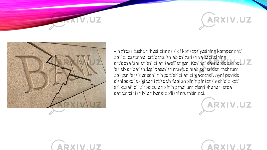 «Inqiroz» tushunchasi biznes sikli konsepsiyasining komponenti bo‘lib, dastavval ortiqcha ishlab chiqarish va kapitalning ortiqcha jamlanishi bilan tavsiflangan. Keyingi davrlarda sanoat ishlab chiqarishdagi pasayish mavjud mablag‘laridan mahrum bo‘lgan ishsizlar soni-ningortishibilan birgakechdi. Ayni paytda qishloqxo‘ja-ligidan iqtisodiy faol aholining intensiv chiqib keti- shi kuzatildi, biroq bu aholining ma’lum qismi shahar-larda qandaydir ish bilan band bo‘lishi mumkin edi. 