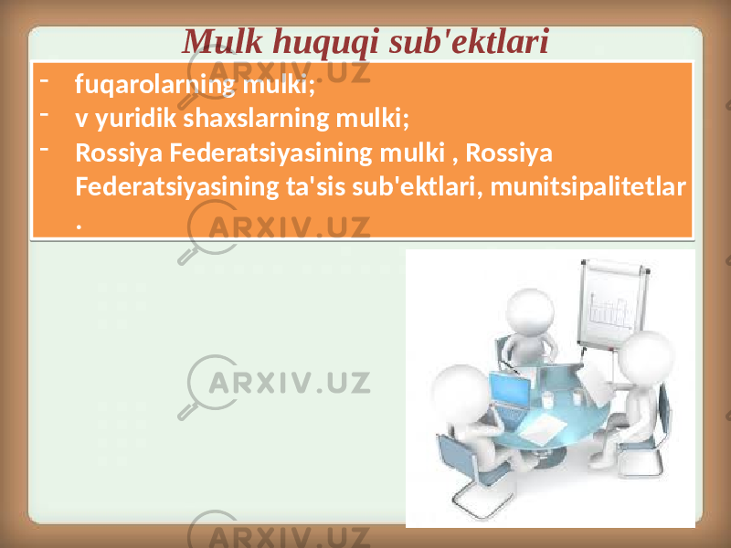 15- fuqarolarning mulki; - v yuridik shaxslarning mulki; - Rossiya Federatsiyasining mulki , Rossiya Federatsiyasining ta&#39;sis sub&#39;ektlari, munitsipalitetlar . Mulk huquqi sub&#39;ektlari01 2B 01 09 01 2E 32 18 