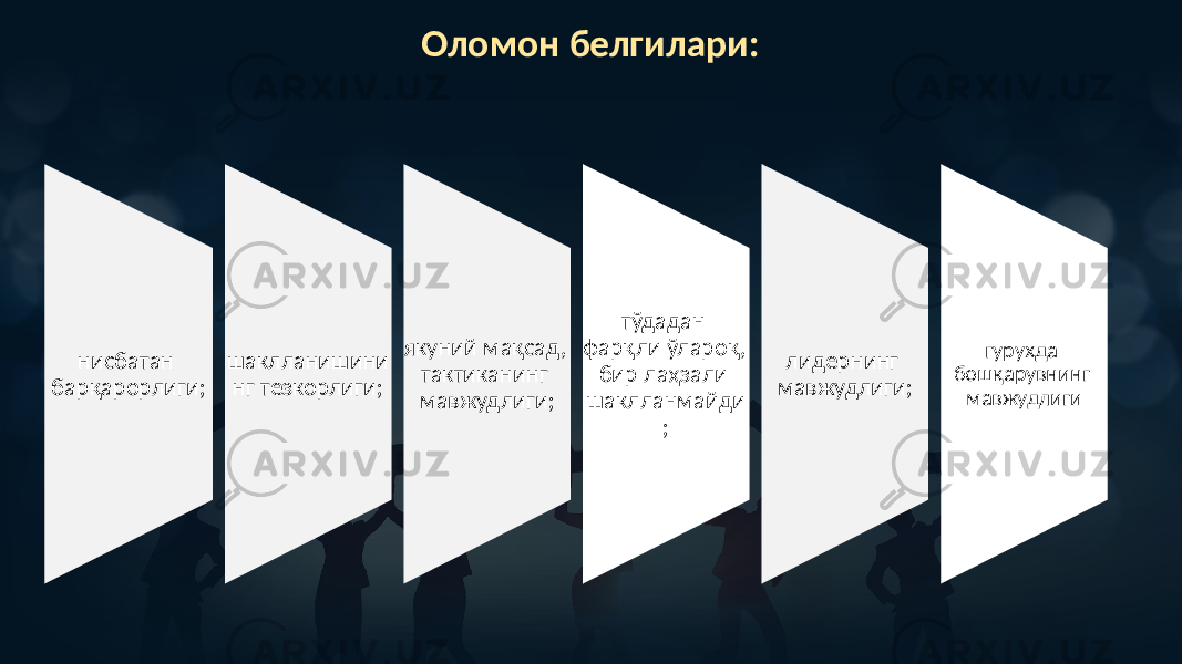 Оломон белгилари: нисбатан барқарорлиги; шаклланишини нг тезкорлиги; якуний мақсад, тактиканинг мавжудлиги; тўдадан фарқли ўлароқ, бир лаҳзали шаклланмайди ; лидернинг мавжудлиги; гуруҳда бошқарувнинг мавжудлиги 