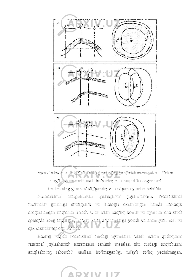 rasm. Izlov quduqlarini tuzilmalarda joylashtirish sxemasi. a – “izlov burg’ilash qadami” usuli bo’yicha; b – chuqurlik oshgan sari tuzilmaning gumbazi siljiganda; v – osilgan uyumlar holatida. Noantiklinal tutqichlarda quduqlarni joylashtirish. Noantiklinal tuzilmalar guruhiga stratigrafik va litologik ekranlangan hamda litologik chegaralangan tutqichlar kiradi. Ular bilan bog’liq konlar va uyumlar cho’kindi qobig’da keng tarqalgan, ba’zan katta o’lchamlarga yetadi va ahamiyatli neft va gaz zaxiralariga ega bo’ladi. Hozirgi vaqtda noantiklinal turdagi uyumlarni izlash uchun quduqlarni ratsional joylashtirish sistemasini tanlash masalasi shu turdagi tutqichlarni aniqlashning ishonchli usullari bo’lmaganligi tufayli to’liq yechilmagan. 
