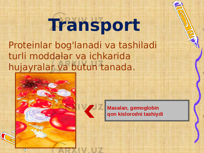 Transport Proteinlar bog&#39;lanadi va tashiladi turli moddalar va ichkarida hujayralar va butun tanada. Masalan, gemoglobin qon kislorodni tashiydi . 