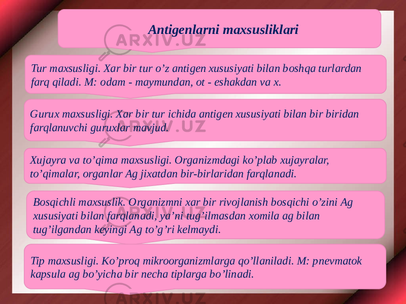 Antigenlarni maxsusliklari Tur maxsusligi. Xar bir tur o’z antigen xususiyati bilan boshqa turlardan farq qiladi. M: odam - maymundan, ot - eshakdan va x. Gurux maxsusligi. Xar bir tur ichida antigen xususiyati bilan bir biridan farqlanuvchi guruxlar mavjud. Xujayra va to’qima maxsusligi. Organizmdagi ko’plab xujayralar, to’qimalar, organlar Ag jixatdan bir-birlaridan farqlanadi. Bosqichli maxsuslik. Organizmni xar bir rivojlanish bosqichi o’zini Ag xususiyati bilan farqlanadi, ya’ni tug’ilmasdan xomila ag bilan tug’ilgandan keyingi Ag to’g’ri kelmaydi. Tip maxsusligi. Ko’proq mikroorganizmlarga qo’llaniladi. M: pnevmatok kapsula ag bo’yicha bir necha tiplarga bo’linadi. 