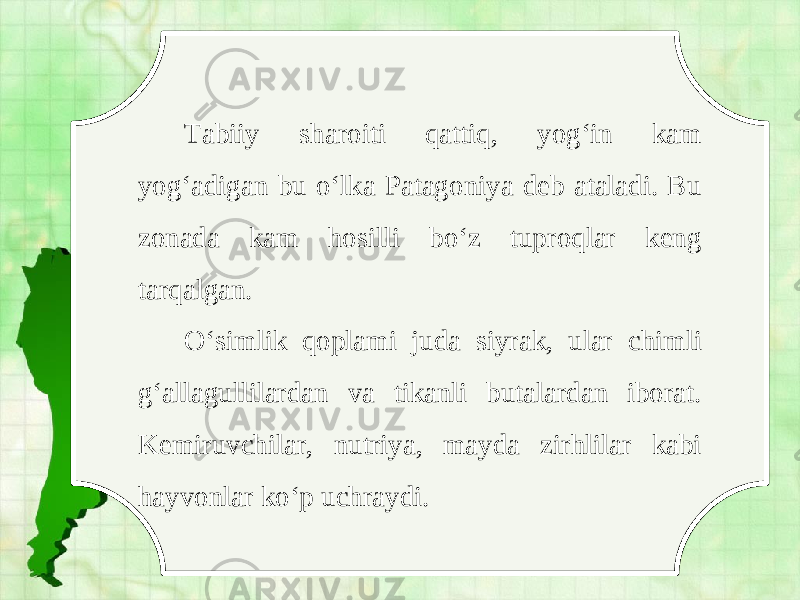 Tabiiy sharoiti qattiq, yog‘in kam yog‘adigan bu o‘lka Patagoniya deb ataladi. Bu zonada kam hosilli bo‘z tuproqlar keng tarqalgan. O‘simlik qoplami juda siyrak, ular chimli g‘allagullilardan va tikanli butalardan iborat. Kemiruvchilar, nutriya, mayda zirhlilar kabi hayvonlar ko‘p uchraydi. 