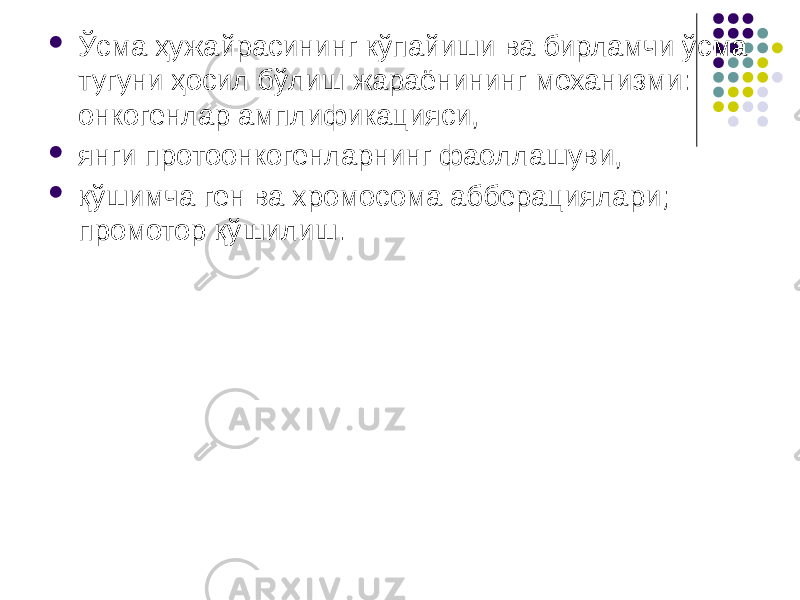  Ўсма ҳужайрасининг кўпайиши ва бирламчи ўсма тугуни ҳосил бўлиш жараёнининг механизми: онкогенлар амплификацияси,  янги протоонкогенларнинг фаоллашуви,  қўшимча ген ва хромосома абберациялари; промотор қўшилиш. 