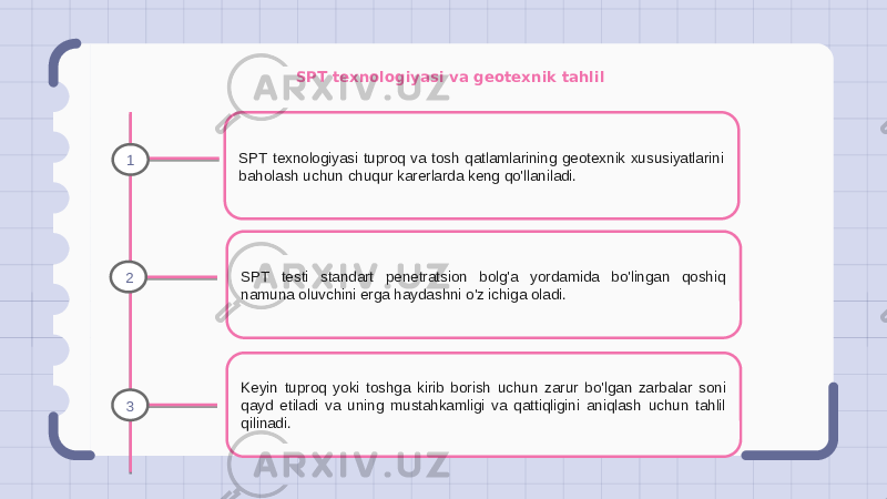 SPT texnologiyasi va geotexnik tahlil SPT texnologiyasi tuproq va tosh qatlamlarining geotexnik xususiyatlarini baholash uchun chuqur karerlarda keng qo&#39;llaniladi. SPT testi standart penetratsion bolg&#39;a yordamida bo&#39;lingan qoshiq namuna oluvchini erga haydashni o&#39;z ichiga oladi. Keyin tuproq yoki toshga kirib borish uchun zarur bo&#39;lgan zarbalar soni qayd etiladi va uning mustahkamligi va qattiqligini aniqlash uchun tahlil qilinadi.1 2 3 