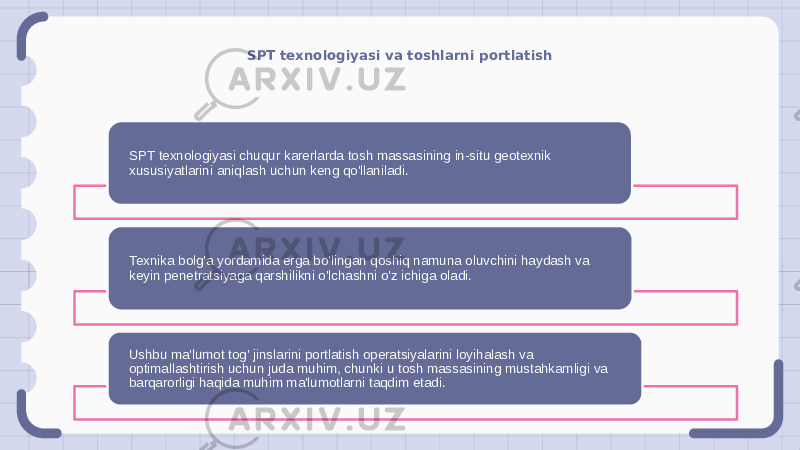 SPT texnologiyasi va toshlarni portlatish SPT texnologiyasi chuqur karerlarda tosh massasining in-situ geotexnik xususiyatlarini aniqlash uchun keng qo&#39;llaniladi. Texnika bolg&#39;a yordamida erga bo&#39;lingan qoshiq namuna oluvchini haydash va keyin penetratsiyaga qarshilikni o&#39;lchashni o&#39;z ichiga oladi. Ushbu ma&#39;lumot tog&#39; jinslarini portlatish operatsiyalarini loyihalash va optimallashtirish uchun juda muhim, chunki u tosh massasining mustahkamligi va barqarorligi haqida muhim ma&#39;lumotlarni taqdim etadi. 